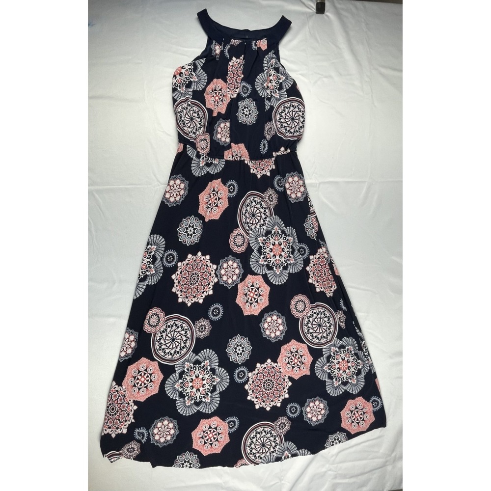 ROBBIE BEE WOMENS SMALL NAVY FLORAL MIDI‎ DRESS SLEEVELESS A-LINE HIGH NECK